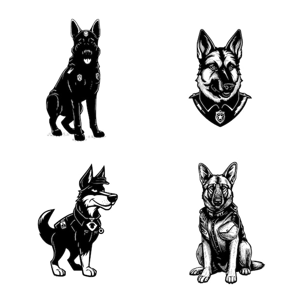 Politieagent duitse shepard full body cartoon eenvoudige sport logo grafisch zwart op witte achtergrond