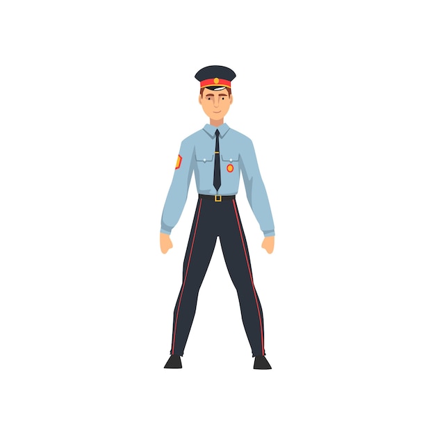 Politieagent in blauw uniform en pet professionele politieagent karakter vector illustratie