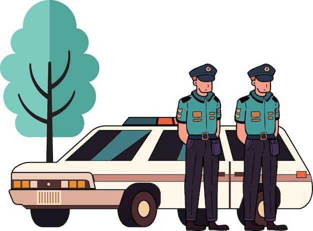Vector politieagent met politiewagenillustratie in krabbelstijl