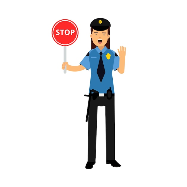 Politieagente karakter in een blauw uniform weergegeven: Stop verkeersbord vector illustratie op een witte background