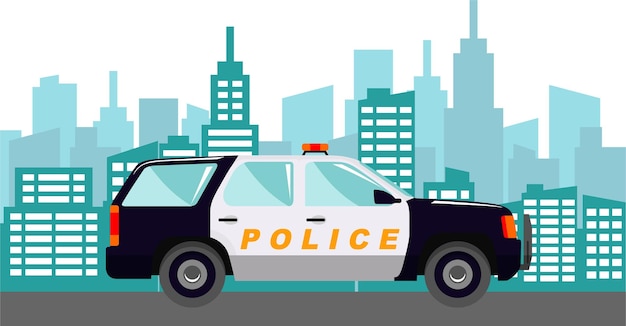 Politieauto op een moderne stadslandschap achtergrond in platte stijl vector illustratie