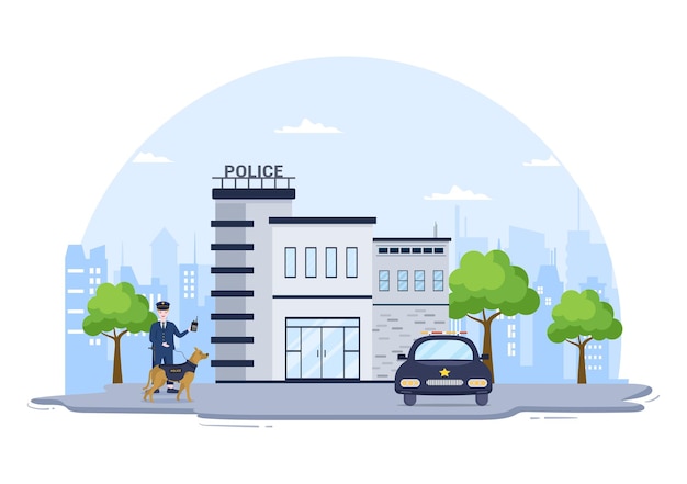 Politiebureau afdelingsgebouw met politieagent en politiewagen in vlakke stijl achtergrond afbeelding