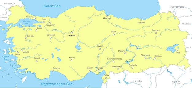Politieke kaart van Turkije met nationale grenzen