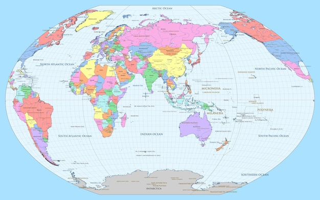 Politieke wereldkaart azië gecentreerd winkeltripel projectie