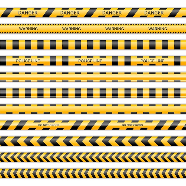 Politielijnen en kruis geen linten. let op en gevaar tapes in gele en zwarte kleur. waarschuwingsborden collectie geïsoleerd op een witte achtergrond. vector illustratie.
