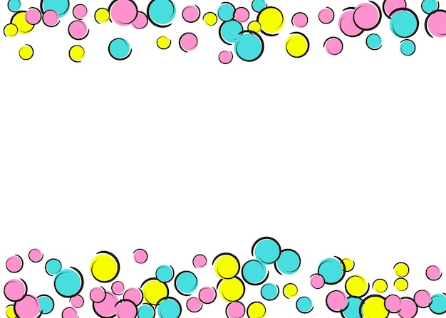 Polka dot frame met komische popart confetti. grote gekleurde vlekken, spiralen en cirkels op wit. vector illustratie. creatieve kinderachtige plons voor verjaardagsfeestje. regenboog polka dot frame.