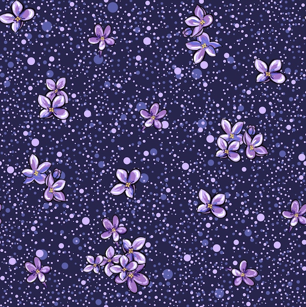 Polka dot pattern with lilac flowers on a dark background