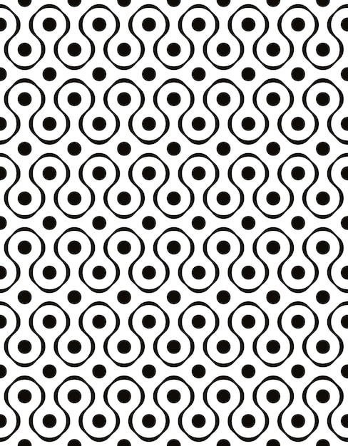 Polka dot seamless pattern with geometric figures, black and white infinite twisted mosaic background, monochrome book cover, endless abstract vector backdrop with dots.