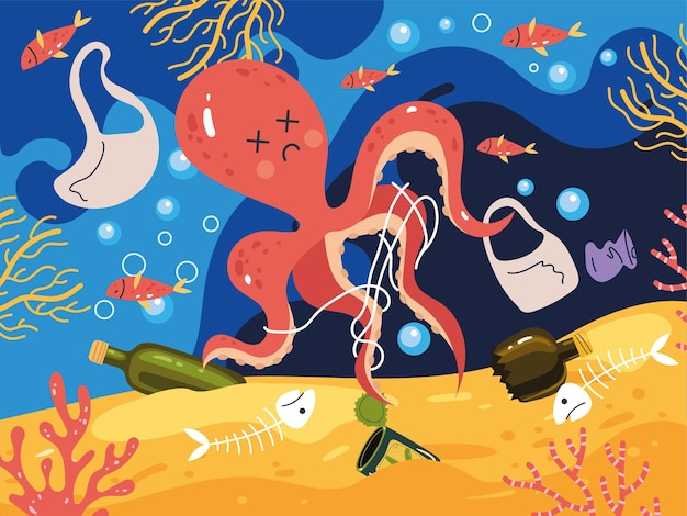 Загрязненное морское дно океана с мусором, спасающим океан, элемент дизайна мультфильма