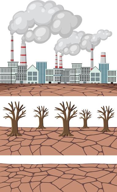 공장에서 나오는 오염 공기로 인해 온실 효과 및 마른 땅 발생