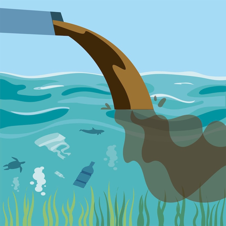 Vector pollution, dirty water and trash emission from pipes  illustration
