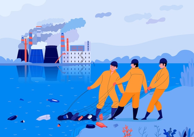 Pollution illustration with three man taking rubbish out of pond near factory