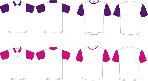 Vettore polo campana maglietta di base rosa e viola modello tecnico maglietta a maniche corte piatta in bianco