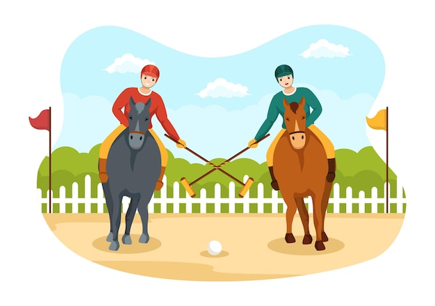 Gli sport a cavallo da polo con il giocatore a cavallo e il bastone da presa utilizzano l'attrezzatura impostata nell'illustrazione piatta