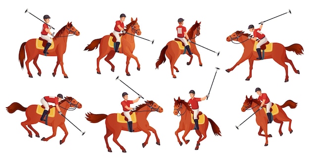 Polo players Horse rider playing polos game on field equestrian sport player horseman club jockey horses cavaliers tournament match cartoon set ingenious vector illustration