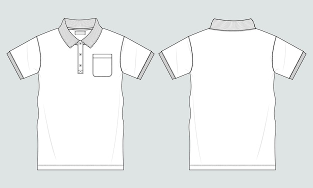 Рубашка поло Техническая мода плоский эскиз Векторный шаблон иллюстрации вид спереди и сзади