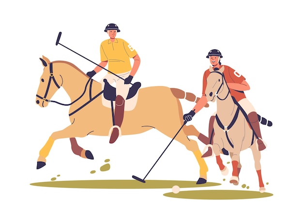 Polo-spelers rijden en manoeuvreren met paarden terwijl ze met hamers een bal naar het doel slaan