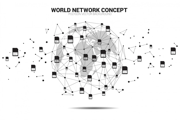 Poligono dot mondo globo avvolgere con dot collegare linea a forma di icona e sim card.