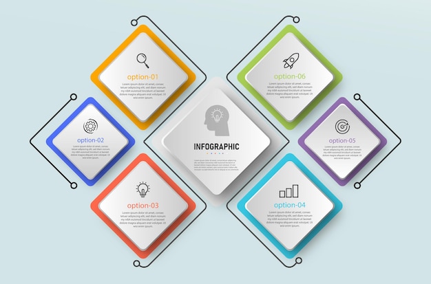 Infografica elemento poligono, diagramma grafico aziendale, timeline con 6 passaggi