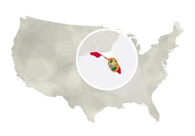 拡大されたフロリダ州フロリダ州の地図とフラグ米国とフロリダのベクトル地図と多角形の抽象的な米国の地図ベクトル図