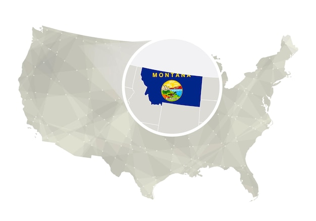 Полигональная абстрактная карта США с увеличенной картой штата Монтана и векторной картой флага США и Монтаны Векторная иллюстрация