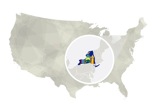 Многоугольная абстрактная карта сша с увеличенной картой штата нью-йорк и векторной картой флага сша и нью-йорка векторная иллюстрация