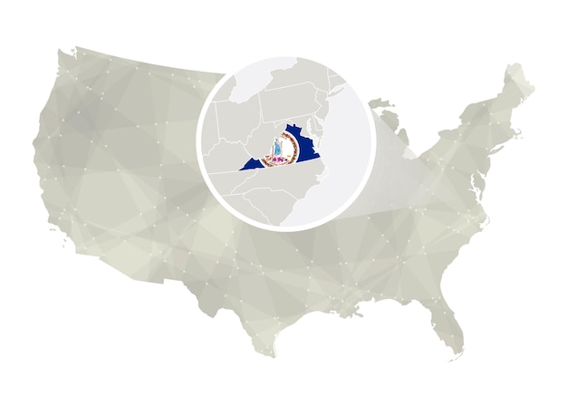 확대 된 버지니아 주 버지니아 주 지도 및 플래그 미국 및 버지니아 벡터 지도 벡터 일러스트와 함께 다각형 추상 미국 지도