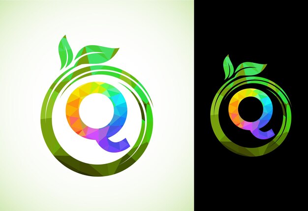 Polygonal alphabet Q in a spiral with green leaves Nature icon sign symbol Geometric shapes style logo design for business healthcare nature farm and company identity