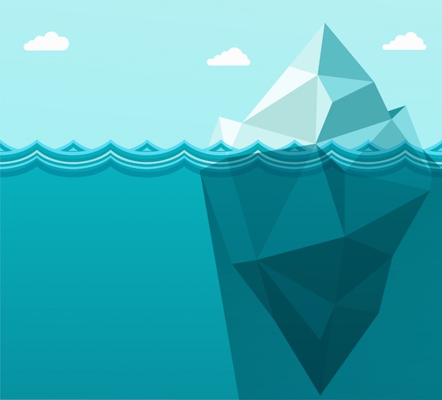 Polygonal big iceberg in ocean floating in sea waves.