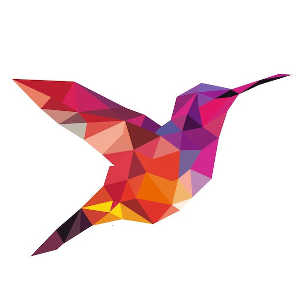 Vector polygonal bird logo mosaic of triangles hummingbird logotype bird with wings feathers and beak isolated on a white background