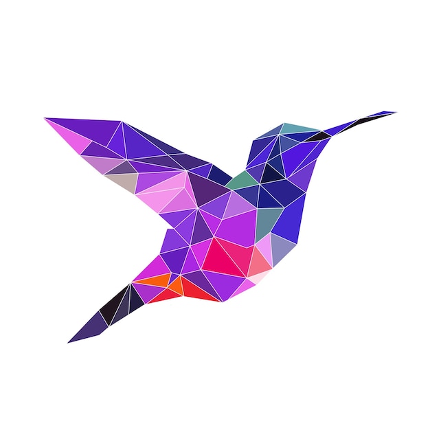 Vector polygonal bird logo mosaic of triangles hummingbird logotype bird with wings feathers and beak isolated on a white background