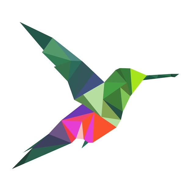 Polygonal bird logo Mosaic of triangles Hummingbird logotype Bird with wings feathers and beak isolated on a white background