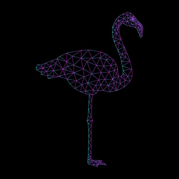 Polygonal flamingo. colored lines with a gradient from blue to purple, on a black background. structure.