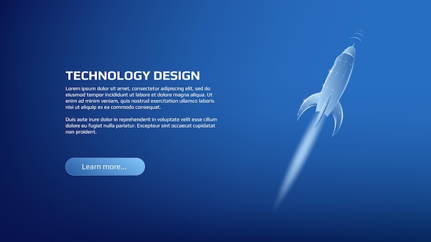 Vector polygonal flying rocket on dark blue background template for technology page or banner for startup