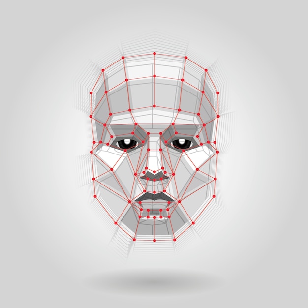 Volto umano poligonale sulla luce. concetto futuristico abstract 3d face by shapes. vettore