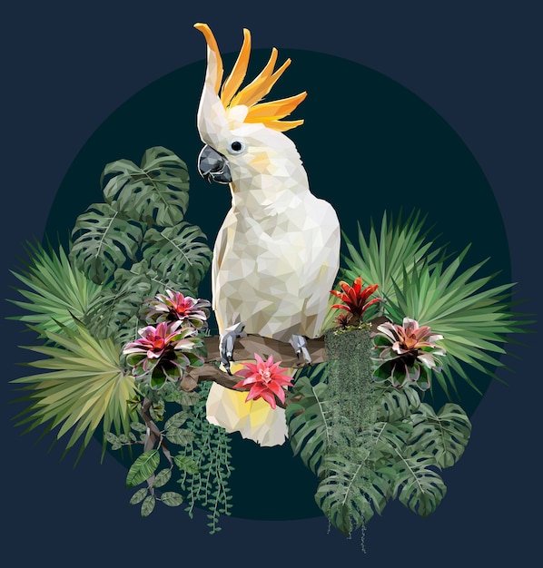 Polygonal illustration  cockatoo bird and amazon plants.