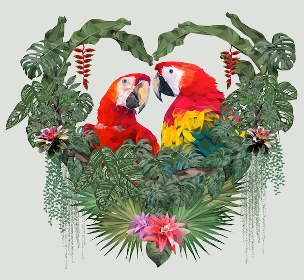 Polygonal illustration couple macaw birds with love concept.