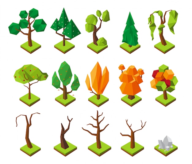 Polygonal isometric trees. low poly trees without foliage, 3D summer and autumn forest elements