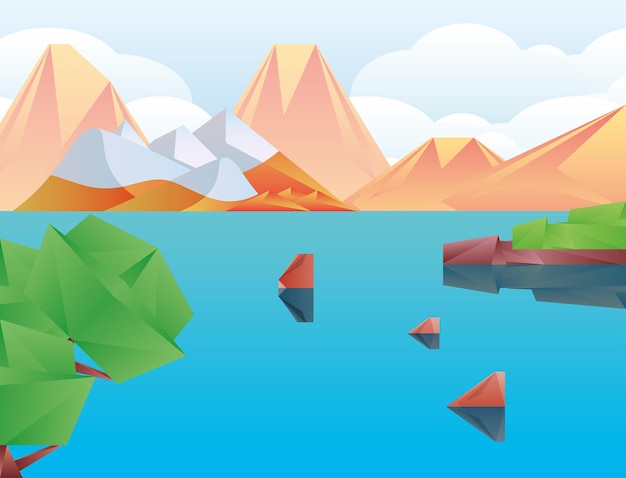 Polygonal landscape of mountains with snow and lake design, nature and outdoor theme  illustration