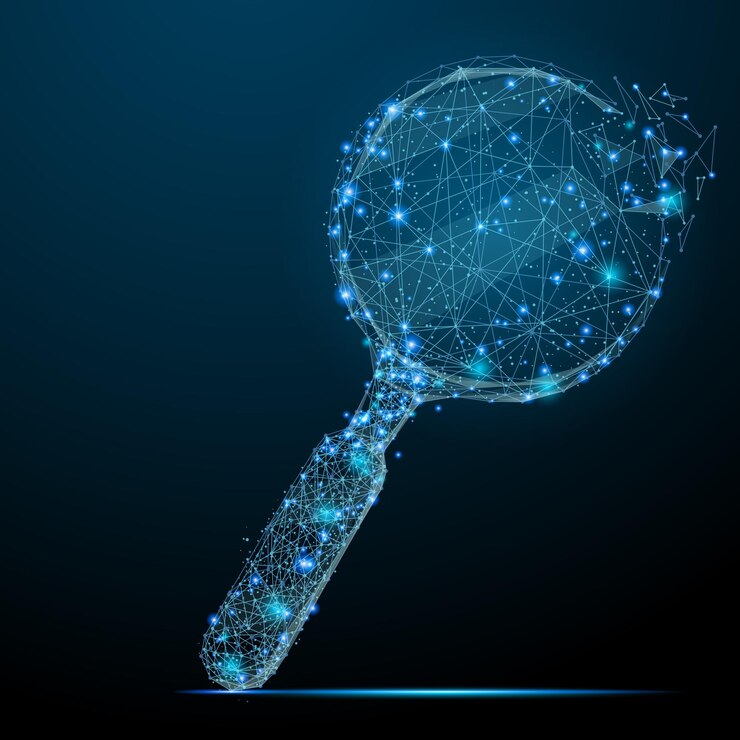 Vector polygonal magnifying glass business concept vector mesh spheres from flying debris