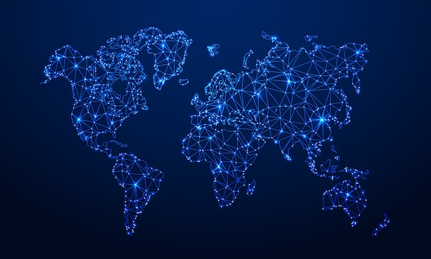 다각형지도. 디지털 세계지도, 파란색 다각형 지구지도 및 세계 인터넷 연결 3D 그리드 그림