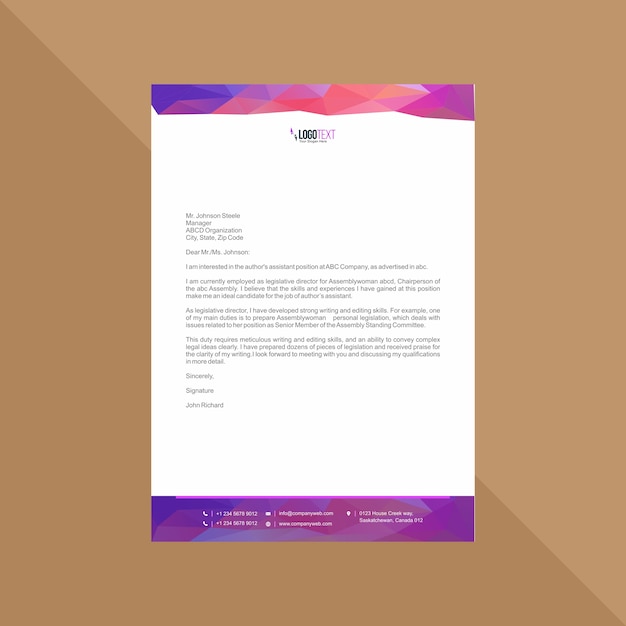 Vector polygonal purple and blue letterhead