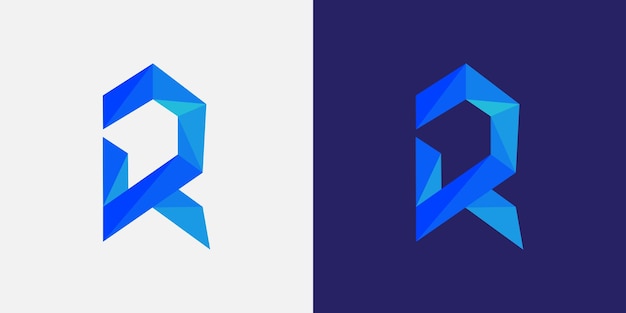 Progettazione del logo r poligonale con logo r geometrico di colore blu