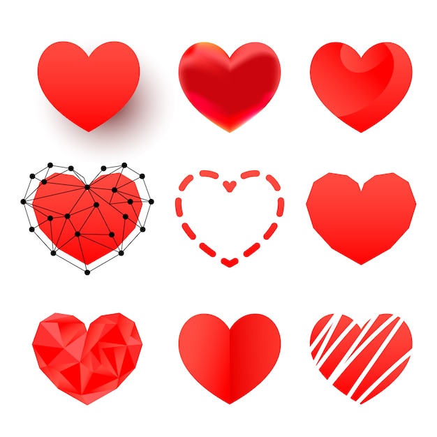 Polygonal red heart icons set