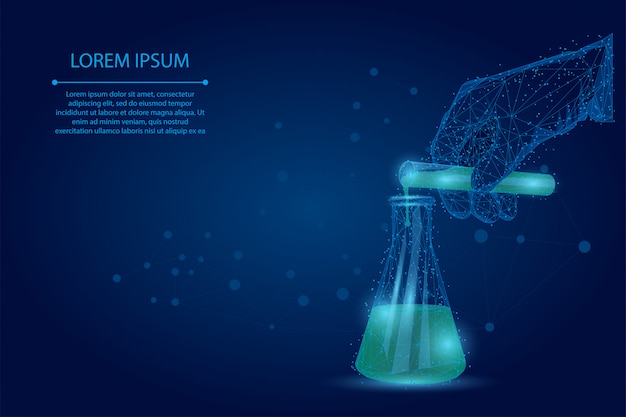 Polygonal scientist hand pours liquid from test tube into flask. Abstract mash line and point medical laboratory analysis