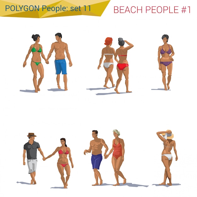 Polygonal style beach people walking set illustrations.