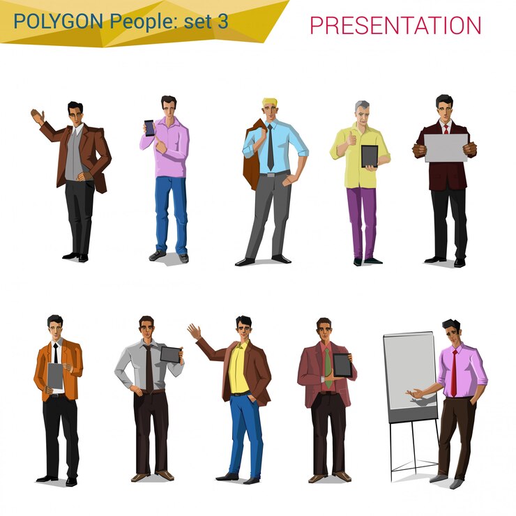 Vector polygonal style presentation people set illustrations.