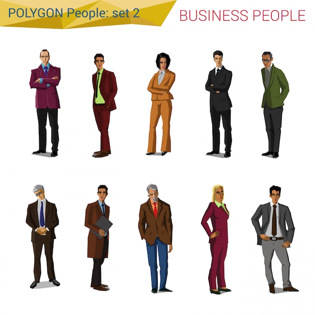 Vector polygonal style standing business people set illustrations.