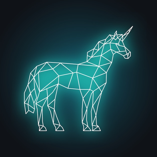 Illustrazione di unicorno poligonale. bagliore al neon