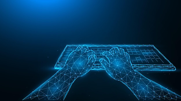 Polygonal vector illustration of hands and computer keyboard on a dark blue background